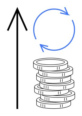Yukarı doğru ok, mavi dairesel ok ve istiflenmiş paralar ekonomik büyüme, finansal döngü, refah yönetimi ve sürdürülebilir kalkınmayı temsil ediyor. Finans, yatırım ve ilerleme kavramları için ideal