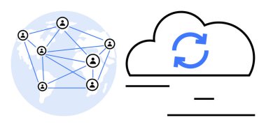 Veri alışverişini gösteren bulut senkronize oklarının yanında ağ simgeleri de dünya çapında bağlandı. İletişim, takım çalışması, bulut hesaplama, teknoloji, küresel etkileşim, veri paylaşımı için ideal