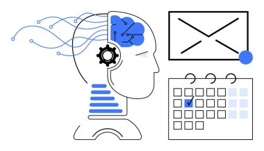 Yapay zeka beyin bağlantıları, vites sembolü, e-posta ve işaretli tarihli takvimi olan bir insan kafası. Otomasyon, üretkenlik, zaman yönetimi, iletişim, dijital araçların zamanlaması teknolojisi için ideal