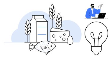 Süt kutusu, peynir, tahıl sapı, balık ve yumurta önemli besin üretimi ampulleri yenilik öneriyor. Dizüstü bilgisayardaki adam teknoloji ekler. Sürdürülebilirlik, gıda endüstrisi ve teknoloji için ideal