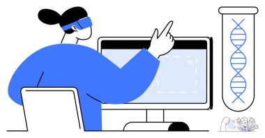 Bilimadamı bir laboratuvar ortamında DNA yapısını incelerken bilgisayar ekranını işaret ediyor. Araştırma, genetik, biyoteknoloji, yenilik, eğitim, dijital araçlar ve bilimsel ilerleme için idealdir. Modern