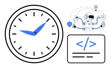 Robot dişliler, kalkan, ingiliz anahtarı, saatin yanında büyüteç ve kodlama etiketi ile birden fazla iş yapıyor. Otomasyon için ideal, üretkenlik, zaman yönetimi, kodlama, teknoloji yapay zeka iş verimliliği