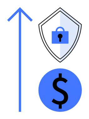 Ok, kalkanın yanında bir kilit ve dolar sembolü olan bir ok. Finansal büyüme, güvenlik, yatırım, bankacılık, ekonomik istikrar ve siber güvenlik kavramları için idealdir. Soyut