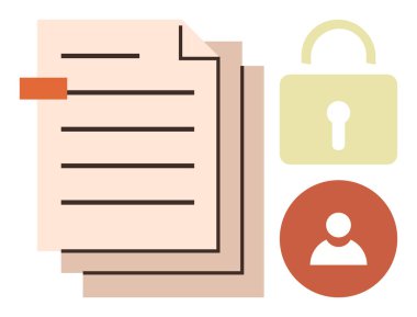 Bir yığın kağıt, asma kilit ve dosya güvenliği, mahremiyet ve kullanıcı erişim haklarını temsil eden bir kullanıcı profili simgesi. Veri yönetimi, siber güvenlik, gizlilik kontrolü ve güvenli dijital erişim için ideal