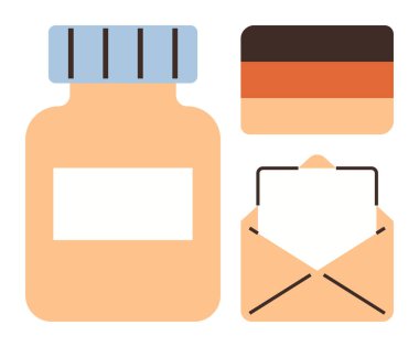 Etiketli ilaç şişesi, çizgili ödeme kartı ve kağıtlı zarf. Sağlık hizmetleri, ödemeler, iletişim, yazışmalar, ilaç faturaları ve basitlik için idealdir. Basit.