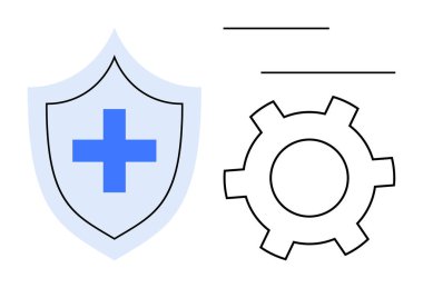 Çapraz sembollü kalkanlar bir dişlinin yanında korunma, sağlık ve sistem ayarlarını gösteriyor. Güvenlik, sağlık, teknik destek, optimizasyon süreci, siber güvenlik için ideal