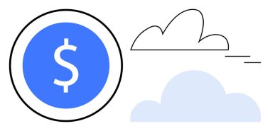 Mavi bir madeni paranın içindeki dolar işareti ve minimalist bulutlar finansal teknolojiyi, bulut deposunu ve dijital ekonomiyi taşıyor. Finans, teknoloji, yenilik, büyüme, yatırım, ekonomi için ideal