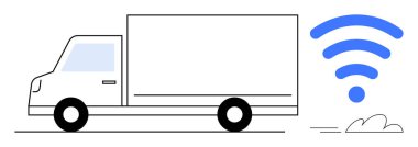 Teslimat kamyonu bir kablosuz sinyal ikonu ile öne doğru gidiyor. Ulaşım, lojistik, teknoloji, yenilik, bağlantı, akıllı sistemler ve filo yönetim temaları için idealdir. Minimalist daire