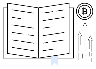 Kitap ayracı, Bitcoin çemberi ve bilgiyi, kripto para biriminin büyümesini, başarıyı ve finansal okur yazarlığı sembolize eden yükselen oklar. Finans, teknoloji ve eğitim için ideal