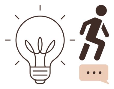 Işık yayan ampuller, tırmanış sembolü ve yaratıcılık, yenilik, problem çözme, iletişim, motivasyon, kişisel gelişim ve beyin fırtınası için konuşma balonu. Mükemmel basit düz