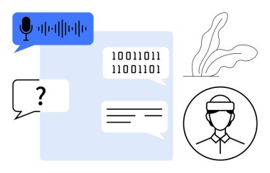 Konuşma dalgaları, sohbet baloncukları, kodlama ikili metinleri ve kulaklıklı bir avatar. Yapay zeka, sanal iletişim, kodlama, teknik destek, ekip çalışması analizi, sohbet robotları için ideal.