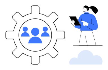 Takım figürlü, işbirliğini sembolize eden vites, tablet tutan kadın bulutla çarpışan. Teknoloji, takım çalışması, üretkenlik, işletme yönetimi, yenilik, iletişim, basit iniş için ideal