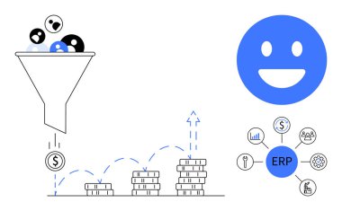 Huni trafiği kâra çevirir, madeni para yığını büyür, ERP ikon bağlantıları iş akışları, mavi mutlu yüz memnuniyeti temsil eder. İş, satış, ERP, verimlilik, gelir analizi için ideal