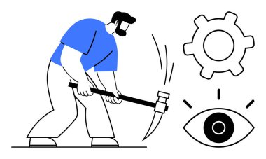 Kazmayı dişli ve göz simgeleriyle sallayan kişi emek, yaratıcılık, strateji, yenilik, vizyon ve gelişmeyi sembolize ediyor. Üretkenlik, takım çalışması ve hedefe ulaşmak için ideal. Düz basit