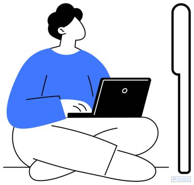 Tek başına dizüstü bilgisayarda yazıyorsun, yere bağdaş kurmuş, uzun bir ekrana dikkat ediyorsun. Teknoloji, iş, odaklanma, uzak görevler, eğitim, yaratıcılık için ideal basit iniş sayfası