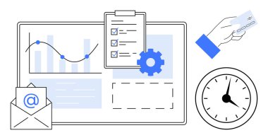 Veri çubuklu grafikler, pano, zarf, saat ve kart üzerindeki kontrol listesi organizasyon, analiz, planlama, dakiklik işbirliği ve verimliliği vurguluyor. Üretim yönetimi için ideal
