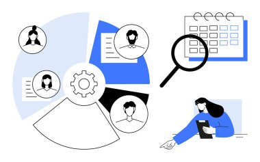 Takım avatarlarıyla vites ve çizelgeler, takvimin üzerinde büyüteç, elinde pano tutan kişi. Takım çalışması, proje yönetimi, HR süreçleri, zamanlama, organizasyon, veri analizi için ideal