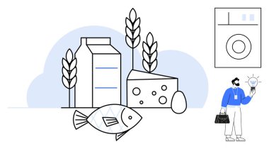 Süt kutusu, peynir, balık, buğday ve yumurta. Bir profesyonelin elinde parlak bir ampul var. Beslenme, gıda endüstrisi, sağlık, yenilik, sürdürülebilir yaşam tarımı için idealdir.