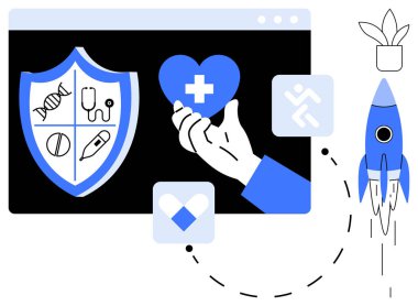 Tıbbi kalkan, haçlı el ele tutuşmalar, büyüme roketleri, sağlık, bilim, koruma, yenilik ve ilerleme sembolleri. Sağlık teknolojisi için ideal sağlık sigortası büyümesi başlatır