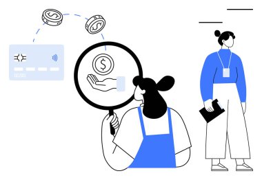 Elinde büyüteç tutan kadın dijital ödeme sürecini bozukluklar, kredi kartları ve profesyonel ayarlarla inceliyor. Finans, e-ticaret, ödeme güvenliği, analiz, araştırma ve fintech için ideal