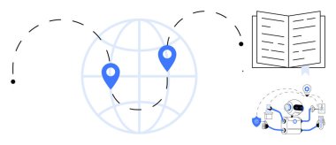 Yer işaretleri, açık kitap ve bilgi alışverişi yapan robotlarla dolu bir dünya. Eğitim, teknoloji, yapay zeka, otomasyon, küresel ağ bilgisi paylaşım dijital öğrenimi için idealdir. Basit düz metafor