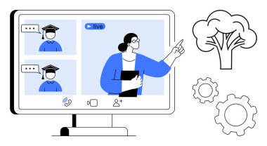 Eğitmen bilgisayar ekranında iki mezunla canlı bir video seansı düzenliyor. Eğitim için ideal, çevrimiçi eğitim, takım çalışması, iletişim, teknoloji, uzaktan öğrenme, basit iniş sayfası
