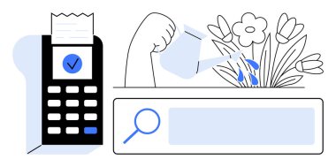 El sulama çiçekleri, faturalı ödeme terminali ve büyüme, yetiştirme, başarı, teknoloji, finansal ilerleme, doğa ve dengeyi vurgulayan arama çubuğu arayüzü. Finans teknolojisi için ideal