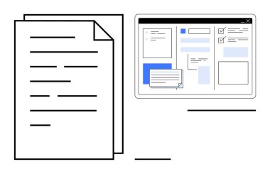 Düzenli dijital formlar, girdiler ve düzenleme alanları ile bir web arayüzü yanında kağıt belge. İşbirliği, yönetim, iş akışı, dijitalleşme, organizasyon iş planlaması için ideal. A