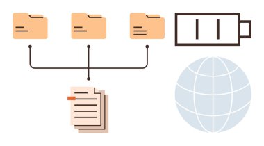 Dosya dizinleri dokümanlara, bir pil sembolüne ve bir küreye bağlı. Veri depolama, dosya paylaşımı, organizasyon, teknoloji, bulut hesaplama, dijital iş akışları ve küresel