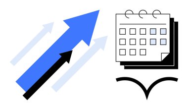 Mavi ve siyah oklar işaretli tarihli bir takvimin yukarısına doğru büyümeyi ve planlanmış ilerlemeyi işaret ediyor. Planlama, büyüme, zaman yönetimi, organizasyon, iyileştirme, geliştirme için ideal