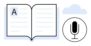 Vurgulanmış metin ve mikrofona sahip açık kitap, okumayı, sesli kitapları, e-öğrenmeyi, hikaye anlatmayı, podcastleri, içerik paylaşımını ve bilgi transferini sembolize ediyor. Eğitim medyası veya basit için ideal