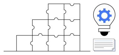 Bulmaca parçaları piramidi, fikir ve yeniliği sembolize eden bir dişli lambası altındaki takım çalışmasını temsil ediyor, bir belge düğümü ile eşleştiriliyor. Sorun çözme, yaratıcılık, planlama ve strateji için ideal