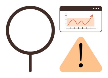 İnceleme için büyüteç, yükselen eğilimi gösteren grafik ve risk farkındalığı için uyarı işareti. Veri analizi, mali büyüme, risk yönetimi, sorun çözme, iş stratejisi için ideal