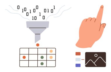 Izgaraya ikili kod filtreleme hunisi, resim seçiliyor. Veri işleme, makine öğrenme, yapay zeka, dijital sıralama, otomasyon, kodlama dersleri büyük veri görselleştirme için idealdir. Basit düz