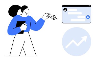 Tablet tutan kadın, konuşma baloncuklarıyla sohbet arayüzüne işaret ediyor, bağlılık ve büyüme grafiği gösteriyor. Takım çalışması, iletişim, analitik, üretkenlik, iş büyümesi, strateji için ideal