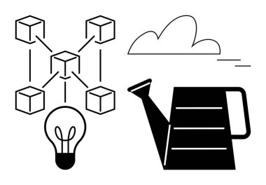 Düğümlerle birbirine bağlı blok zinciri ağı, fikirleri sembolize eden bir ampul, büyümeyi temsil eden bir sulama ve dijital veya sürdürülebilir bir yaklaşımı gösteren bir bulut. Teknoloji ve yenilik için ideal