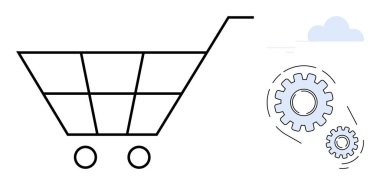 Tel çerçeve alışveriş arabası ve iç içe geçmiş vitesler e-ticaret, otomasyon, lojistik, çevrimiçi alışveriş, iş süreçleri, teknoloji entegrasyonu, iş akışı optimizasyonunu resmediyor. Ticaret için ideal.