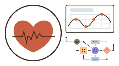 EKG çizgisi olan kalp, eğilimli veri tablosu ve yapay zeka karar verme süreci. Sağlık, veri analizi, yapay zeka temelli tıp, kardiyoloji, yenilik, araştırma ve basit düz metafor için ideal