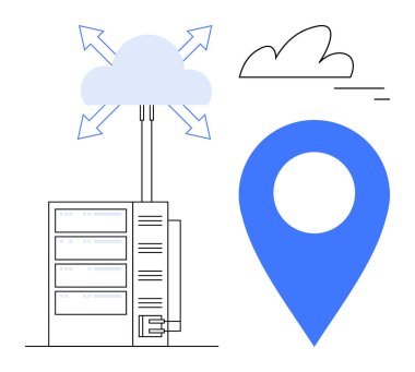 Veri sunucusu, veri transferini gösteren oklarla bir buluta bağlandı ve konum lokasyonunu sembolize ediyor. Bulut depolama, ağ oluşturma, büyük veriler, bilişim altyapısı, yer belirleme teknolojisi için ideal