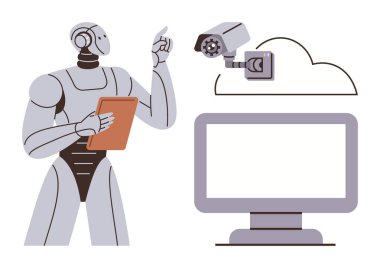 Buluta bağlı güvenlik kamerası ve dijital monitöre doğru hareket eden insansı robot. Yapay zeka, otomasyon, siber güvenlik, bulut hesaplama, izleme, veri analizi ve yenilik için ideal