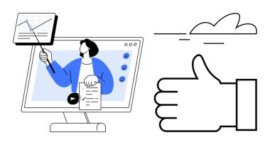 Ekranda grafikle çevrimiçi bir sunum sunan kişi, belgeyi büyük başparmaklı onay simgesi olarak tutuyor. Uzaktan çalışma, e-öğrenme, üretkenlik, koçluk, başarı, geri bildirim, basit iniş sayfası için ideal