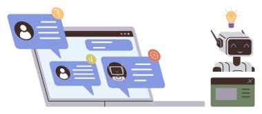 Chatbot dizüstü bilgisayarın yanında kullanıcı mesajları ve konuşma baloncuklarıyla gülümsüyor. Yapay zeka, müşteri hizmetleri, sohbet robotu tasarımı, otomasyon, çevrimiçi destek, teknik çözümler, basit düz metafor