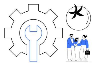 Dişli ve ingiliz anahtarı araçları ve yeniliği sembolize eder, tokalaşma ortaklığı gösterir, dairesel simge soyut derinlik ekler. Takım çalışması, işbirliği, iş, teknoloji, destek, strateji için ideal
