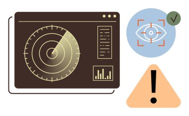 Radar ekranı tarama çizgileri, alarm üçgeni, göz tanıma onayı. Güvenlik, gözetleme, teknoloji, siber güvenlik ve izleme için idealdir. Basit düz metafor