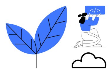 Tablette kod yazan bir kadın, büyümeyi simgeleyen büyük mavi bir yaprak, bağlanabilirliği simgeleyen siyah bir bulut. Sürdürülebilirlik, programlama, çevre, bulut hesaplama, ekoloji, yenilik için ideal basit iniş