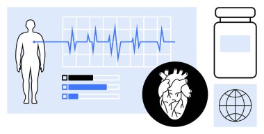 ECG grafiği, kalp diyagramı, kontrol listesi, ilaç şişesi ve dünya ikonu dışında insan ana hatları. Sağlık, tanı, kardiyoloji, teknoloji, teletıp küresel sağlık ve tıbbi veriler için idealdir.