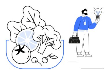 Elinde ampul tutan bir adamın yanında yenilikleri temsil eden taze sebzeler ve meyveler. Sağlık, sürdürülebilirlik, yaratıcılık, eko-bilinç, ilham, taze fikirler, farkındalık için ideal