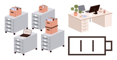 Dosyalı dolaplar, bilgisayarlı ve dekorlu ofis masası, düşük pil simgesi. Üretkenlik, ofis yönetimi, organizasyon, iş yükü, iş-yaşam dengesi verimliliği minimalizmi için ideal. Basit.