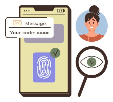 Kod tabanlı güvenlik gösteren akıllı telefon, doğrulama işaretli parmak izi taraması, kullanıcı avatarı, gözün üzerinde büyüteç. Siber güvenlik, kimlik doğrulama ve şifre güvenliği için ideal