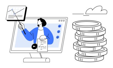 Veri tablosu ve birikmiş paralarla ekran paylaşımı yoluyla finansal sunum yapan bir kişi. Finans, e-öğrenim, yatırım, analiz, ekonomi, eğitim ve e-ticaret için ideal. Basit düz metafor